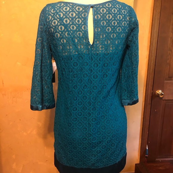 New Laundry Shelli Segal Lace Dress 8 Boat Neck Lined Turquoise Shift - Picture 4 of 7